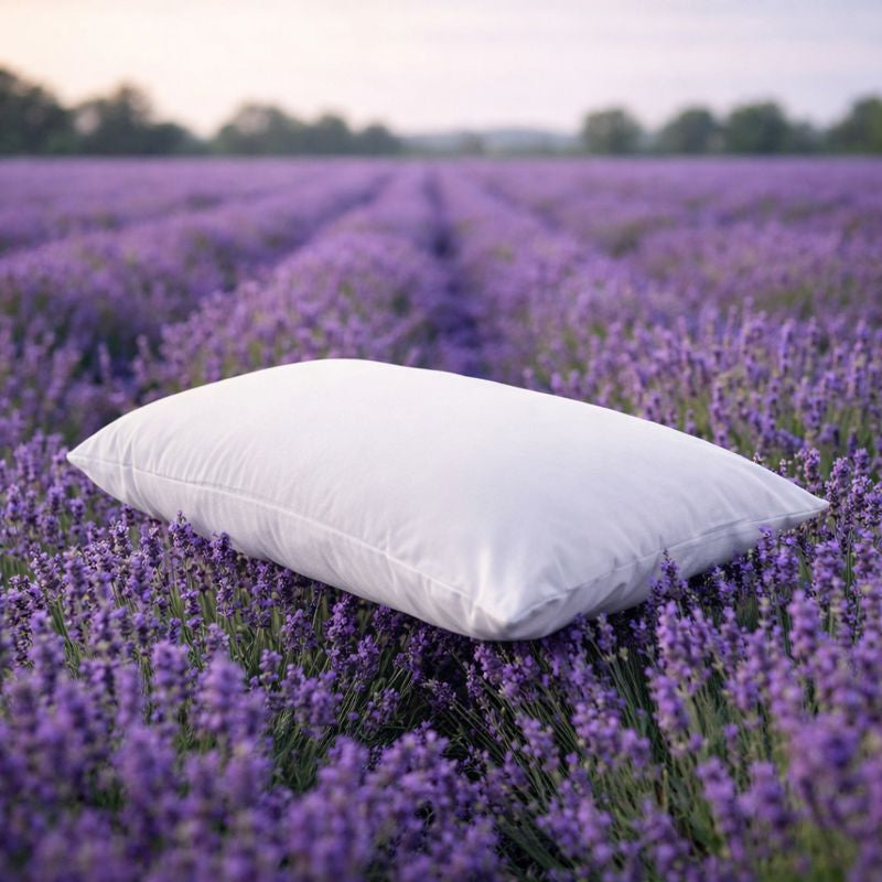 White pillow in a field of lavender

